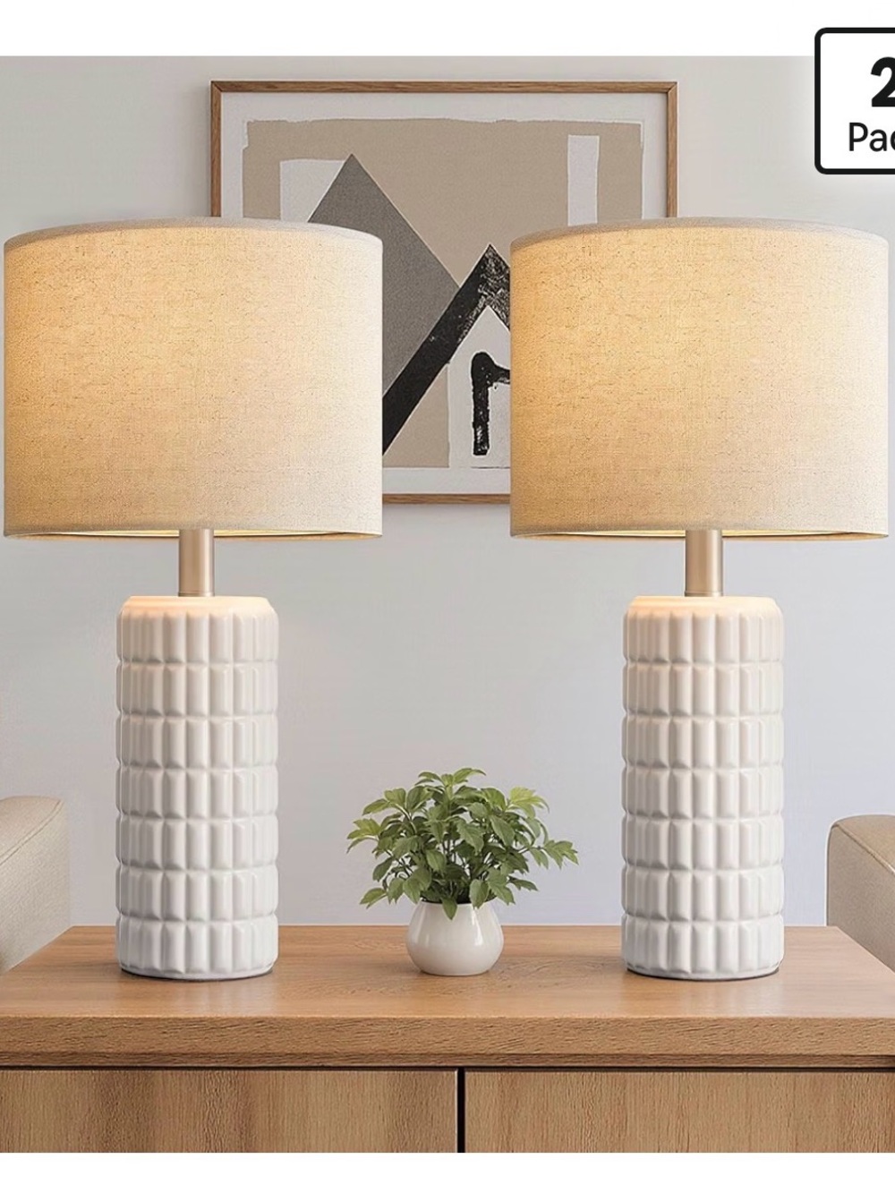 Modern White Ceramic Table Lamp Pair with Beige Linen Shades - Home Accents